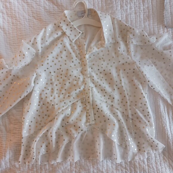White and Gold Polka Dot Ruffled Button Up Blouse Business Casual Womens Large - Picture 3 of 4
